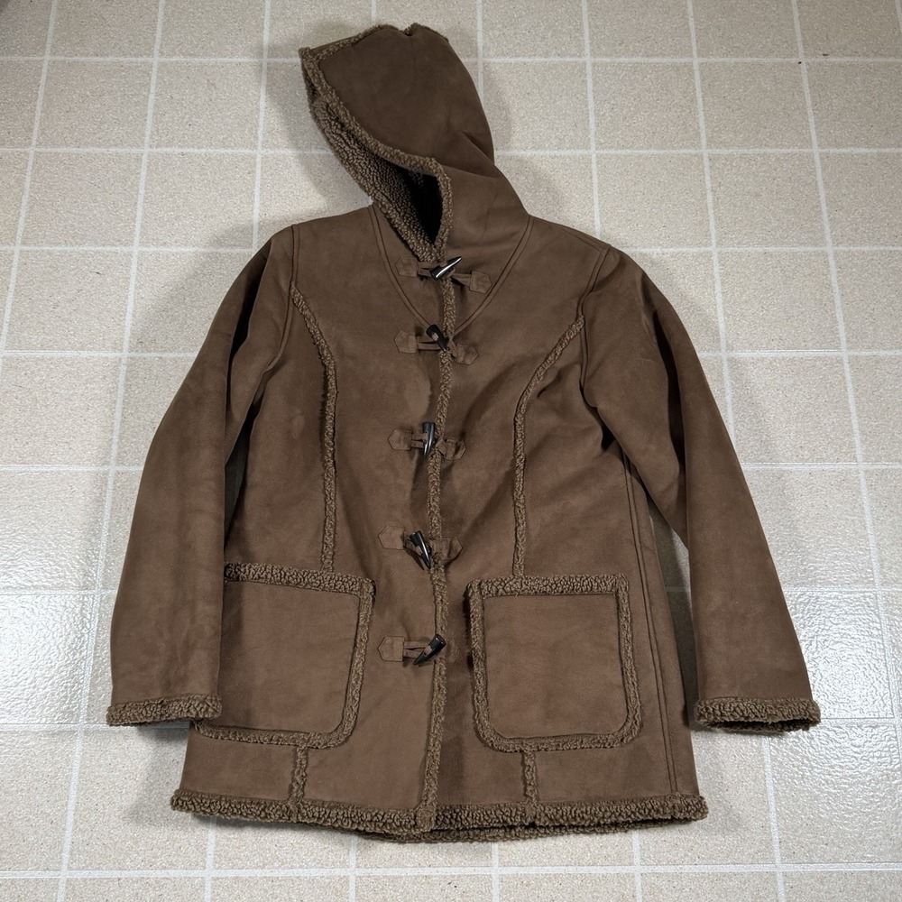 LL Bean Womens Faux Suede Fur Coat Toggle Hooded Sherpa Shearling Sz Small Brown